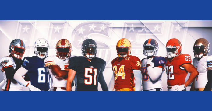 Players from each team of the 2022 USFL football league