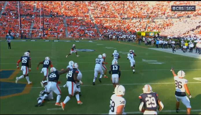 CBS broadcast of the Penn State-Auburn game caught the moment tight end Brenton Strange (86) knew Nicholas Singleton was breaking a TD run with 45 yards to go.