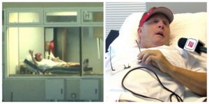 Side by side shots of Hugh Freeze coaching from a hospital bed