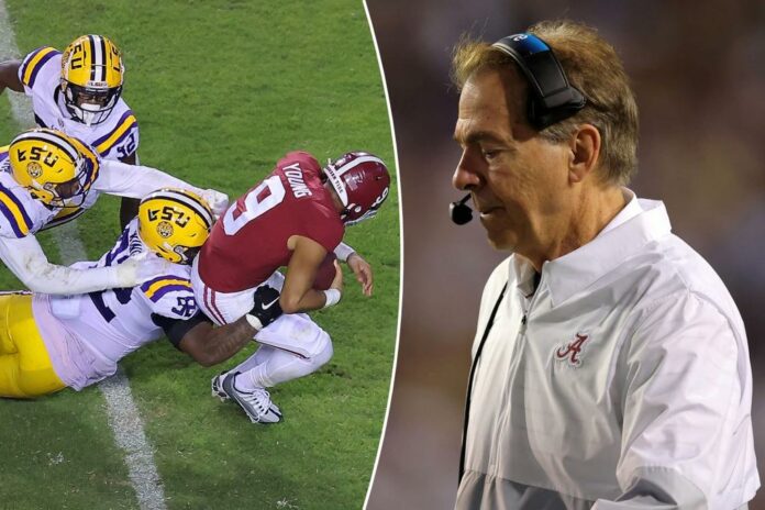 composite Nick Saban and Bryce Young getting sacked by LSU